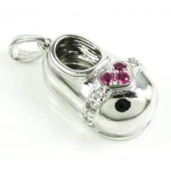 14k white gold diamond & purple ruby heart baby shoe pendant 0.09ct