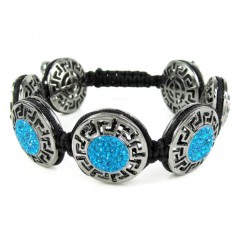 Mens Black Stainless Steel Aqua Blue Rhinestone Round Fendi Style Bracelet 3.50ct
