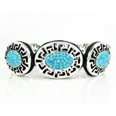 Mens White Stainless Steel Aqua Blue Rhinestone Oval Fendi Style Bracelet 3.50ct