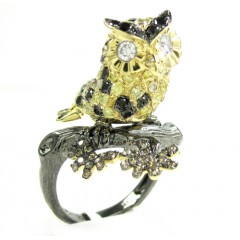 Ladies 14k Yellow Gold Multi Colored Diamond Owl Ring 2.54ct