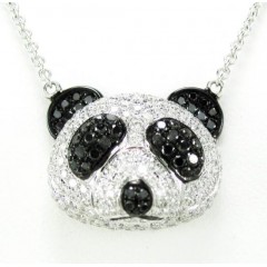 Ladies 18k Solid White Gold Black & White Diamond Panda Bear Pendant With Chain 2.02ct