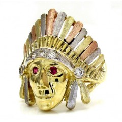 14k Yellow Gold Cz Three Tone Indian Chief Ring 0.25ct