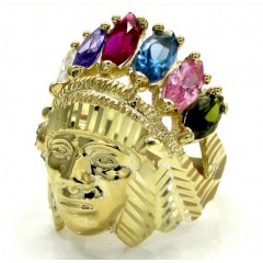 Mens 10k Yellow Gold Multi Cz Large Ruby Indian Chief Ring 