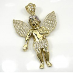 10k Yellow Gold Large Angel Baby Cherub Cz Pendant 0.90ct