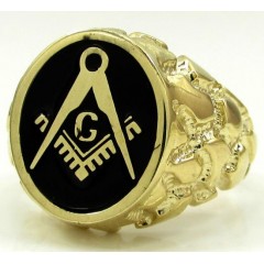  10k Yellow Gold Black Enamel Free Mason G Nugget Ring 