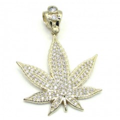 10k Solid Yellow Gold Medium Cz Marijuana Leaf Pendant 2.75ct