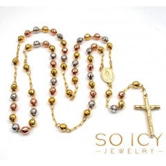 10k Yellow Gold Tri Tone Disco Ball Medium Bead Rosary Chain 26 Inch 5.8mm 