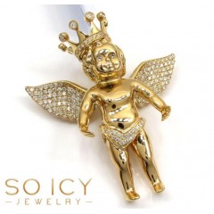 14k Yellow Gold Vs Diamond Baby Cherub Crown Angel Pendant 1.05ct