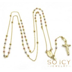 10k Yellow Gold Tri Tone Disco Ball Skinny Bead Rosary Chain 26 Inch 2.4mm 