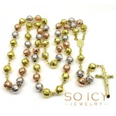 10k Yellow Gold Tri Tone Large Disco Ball Bead Rosary Chain 30 Inch 9.8mm 