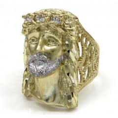 10k Yellow Gold Two Tone Cz Long Face Jesus Ring 0.15ct