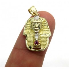 10k Yellow Gold Cz Small King Tut Pharaoh Head Pendant 0.05ct