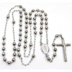 10k White Gold Diamond Cut Bead Rosary Chain 26 Inch 5mm