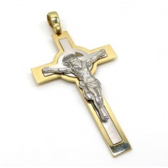 14k Two Tone Double Cross Jesus Pendant 