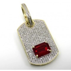 10k Yellow Gold Red Ruby Diamond Dog Tag Pendant 0.60ct