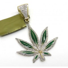 10k Yellow Gold Diamond Green Enamel Marijuana Leaf Pendant 0.62ct