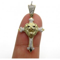 10k Yellow Gold Diamond Mini Lion Head Cross Pendant 0.22ct
