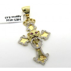 14k Yellow Gold Crown Lion Head Diamond Cross Pendant 0.63ct