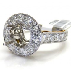 18k Two Tone Gold Round Diamond Halo Semi Mount Ring 1.45ct 