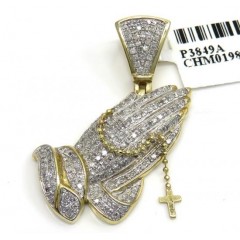 14k Yellow Gold Diamond Praying Hands Hanging Cross Pendant 0.81ct