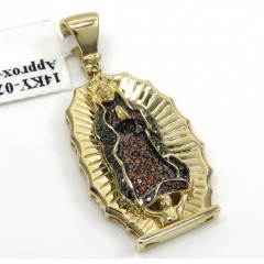 14k Yellow Gold Red & Green Diamond Virgin Mary Pendant 0.28ct