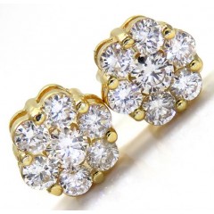 8mm 14k Yellow Gold Round 14 Diamond Cluster Earrings 1.25ct