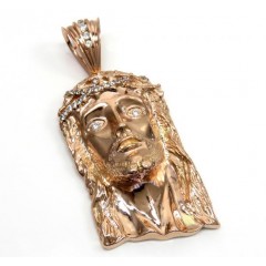 10k Solid Rose Gold Xl Classic Cz Jesus Face Pendant 1.50ct