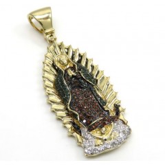 14k Yellow Gold Red Green & White Diamond Large Lady Of Guadalupe Pendant 0.91ct