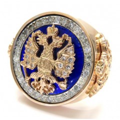 14k Rose Gold Blue Enamel Diamond Russian Eagle Ring 1.75ct