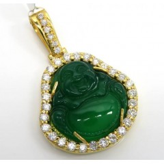 14k Yellow Gold Green Jade Fat Buddha Diamond Pendant 2.25ct