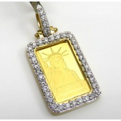 10k Yellow Gold Diamond Frame With 24k Gold Statue Of Liberty Bar Pendant 0.70ct 