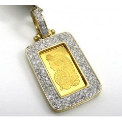 10k Yellow Gold 2 Row Diamond Frame With Suisse 24k Gold Mini Bar Pendant 0.53ct