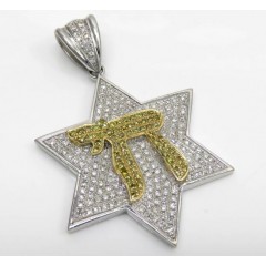 14k White Gold Canary Chai & Diamond Star Of David Pendant 1.00ct