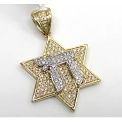 14k Two Tone Gold Diamond Chai & Star Of David Pendant 0.49ct