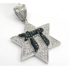 14k White Gold Blue Diamond Chai & Diamond Star Of David Pendant 0.65ct