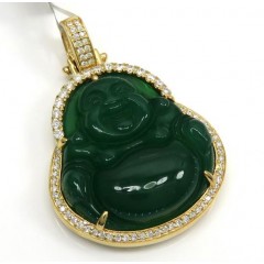 10k Yellow Gold Large Green Jade Fat Buddha Diamond Pendant 0.60ct