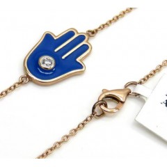 14k Rose Gold Blue Enamel Diamond Hamsa Bracelet 7 Inches 0.03ct