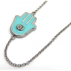 14k White Gold Turquoise Enamel Diamond Hamsa Bracelet 7 Inches 0.03ct