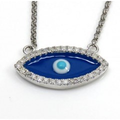 14k White Gold Enamel Diamond Evil Eye Pendant And Chain 16 Inches 0.12ct
