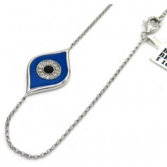 14k White Gold Blue Enamel Diamond Evil Eye Bracelet 7 Inches 0.07ct