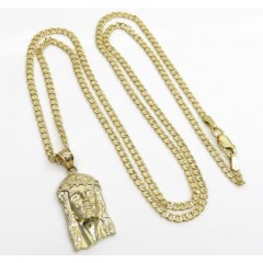 10k Yellow Gold Small Classic Jesus Pendant With 16-22 Inch 2mm Cuban Chain