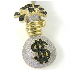 10k Yellow Gold Green & White Diamond Money Bag Pendant 1.26ct