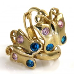 14k Yellow Gold Kids Blue & Pink Cz Butterfly Earrings 0.10ct