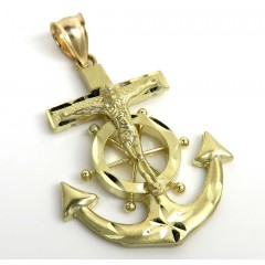 10k Yellow Gold Solid Medium Diamond Cut Anchor Jesus Pendant