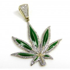 10k Yellow Gold Diamond Large Green Enamel Marijuana Leaf Pendant 1.00ct