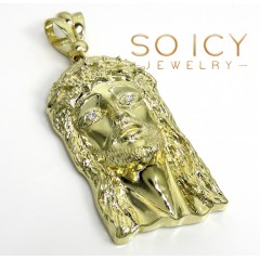 10k Solid Yellow Gold Xl Classic Cz Jesus Face Pendant 0.10ct