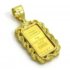 14k Yellow Gold Rope Frame With Suisse 24k Gold Mini Bar Pendant 