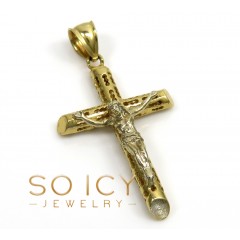 14k Yellow Gold Small Carved Out Hollow Tube Jesus Cross