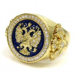 14k Gold Blue Enamel Diamond Russian Eagle Ring 1.75ct