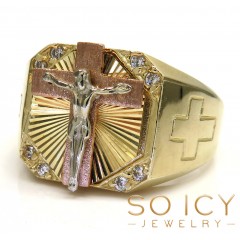 14k Tri Color Gold Cz Hanging Jesus Cross Ring 0.15ct